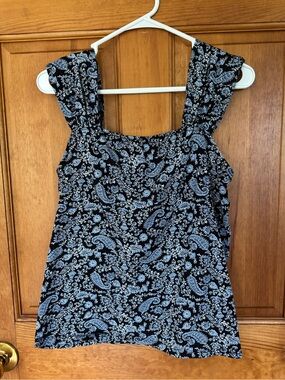 LOFT Black Tank Top with Light Blue Paisley Print